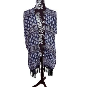 CATO Blue and White Paisley Kimono Fringe One Size Coverup